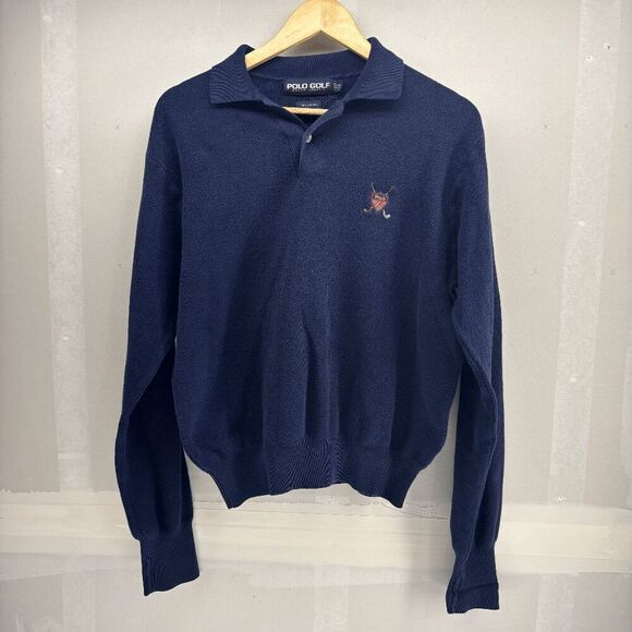 Polo Golf Ralph Lauren Sweater Mens Medium Navy Blue Long Sleeve Button Up EUC - Picture 1 of 3
